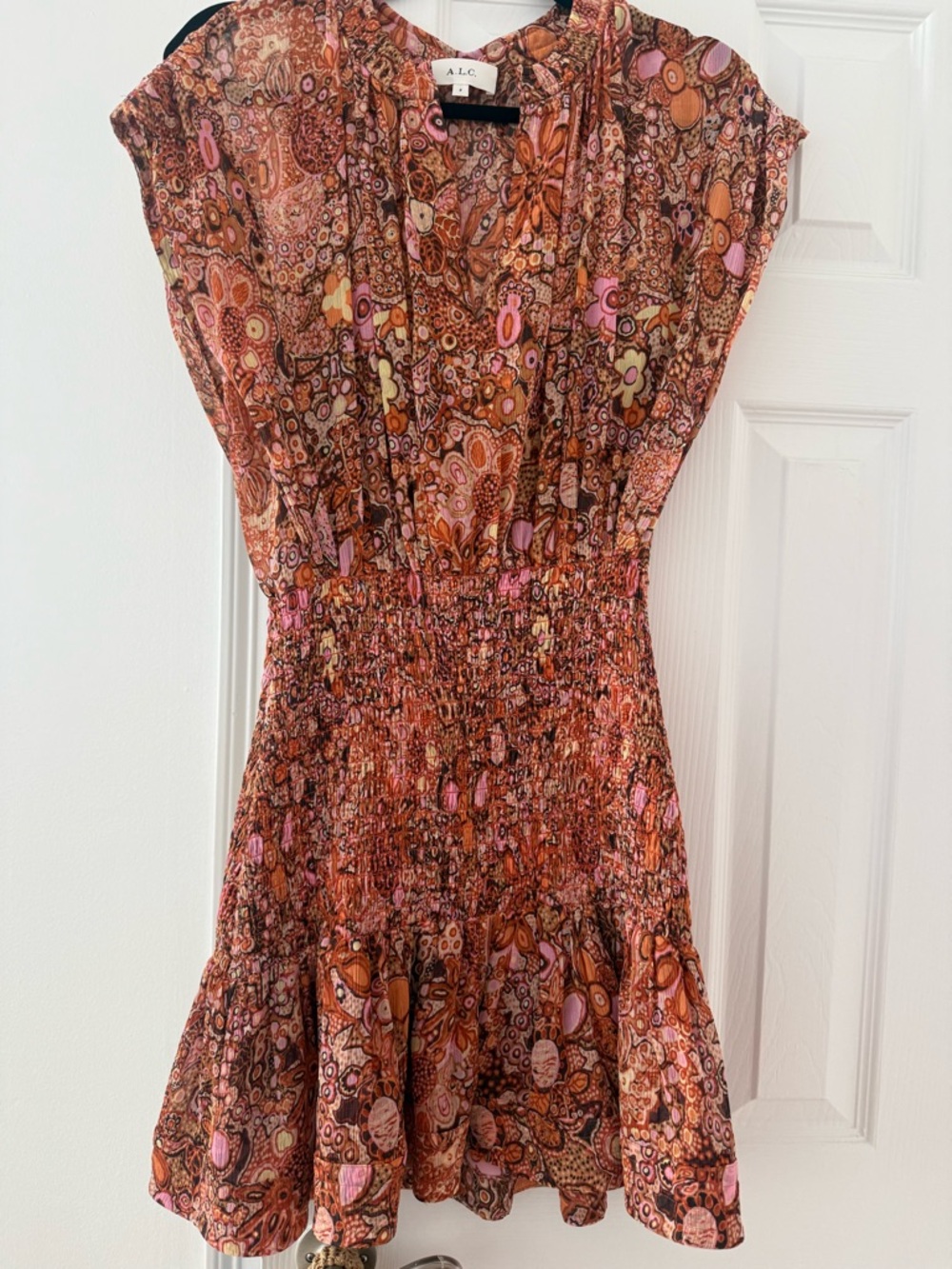 A.L.C. Carly Paisley Smocked Mini Dress in Orange and Pink. Like new